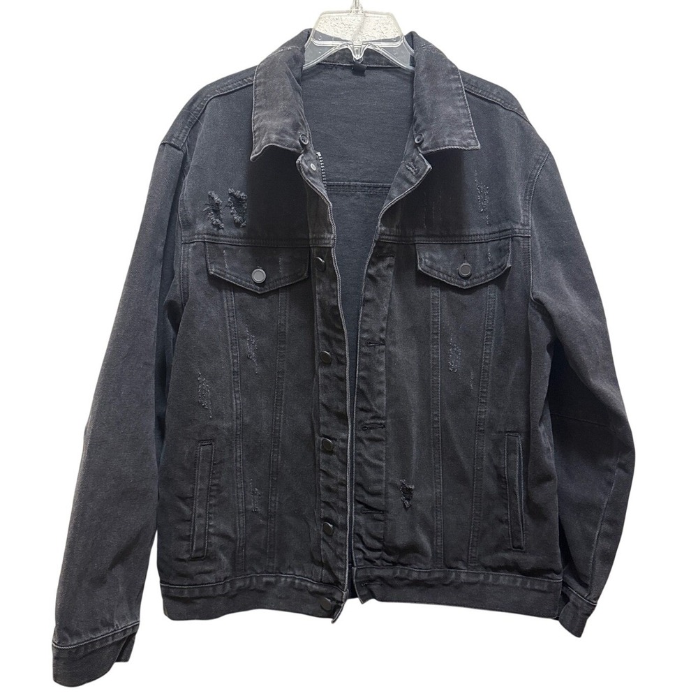 Womens Black Denim Jean Jacket Distressed Zipper Front Pockets Size XL